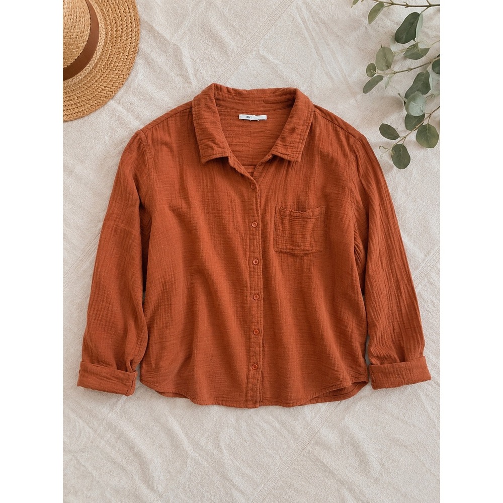 ONeill Womens Terracotta Rust Cotton Gauze Long Sleeve Button Down Shirt Medium